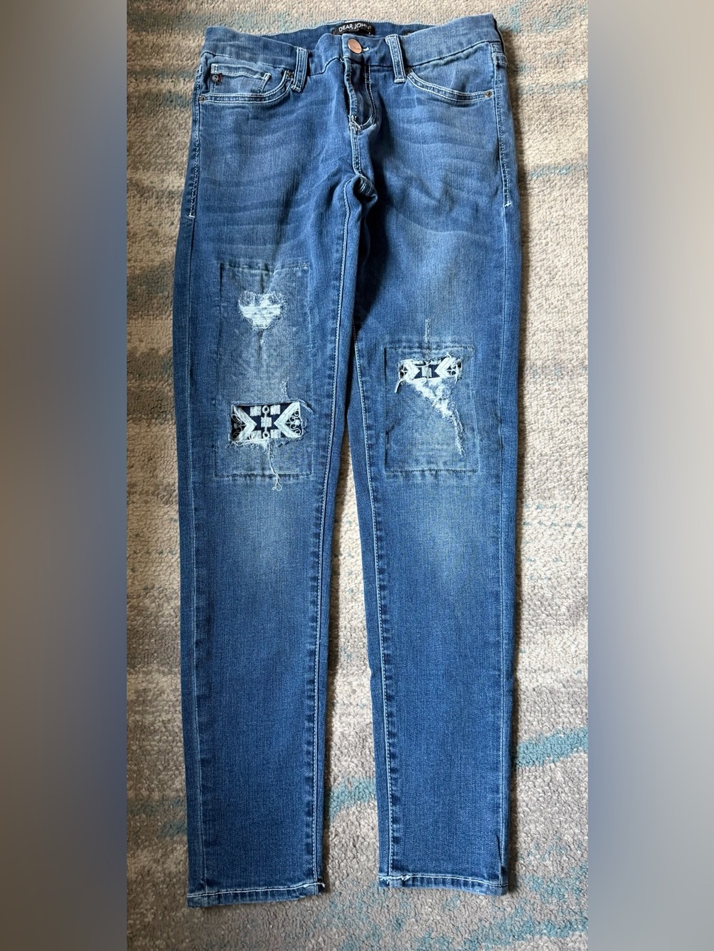 Dear John Blue Skinny Jeans with Patchwork Distress, Size 26